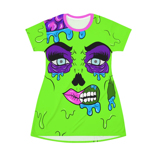 Neon Green Zombie Pop Art All Over Print T-Shirt Dress