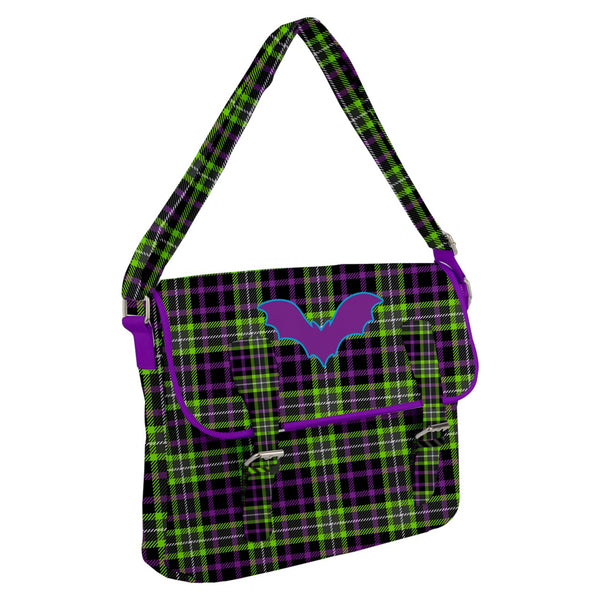 Purple Green Plaid with Purple Bat Buckle Messenger Bag