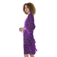 Purple Green Leopard Print / All-Over Print Women's Satin Kimono Robe