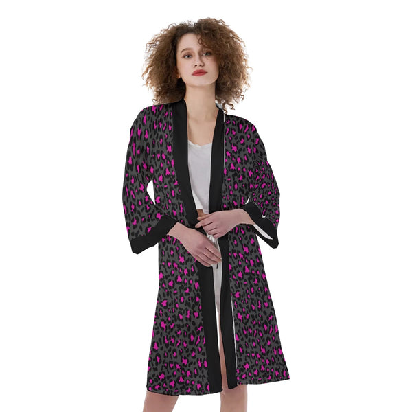 Grey Pink Leopard Print / All-Over Print Women's Satin Kimono Robe