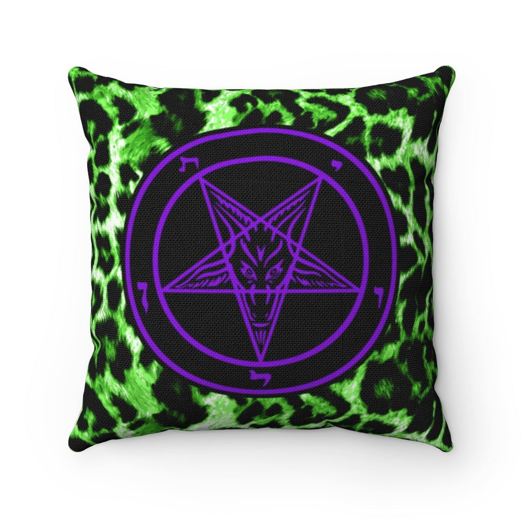 Purple Baphomet / Green Leopard Print / Spun Polyester Square Pillow / Single Pillow