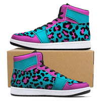 Teal-Pink Leopard Print  High-Top Faux Leather Sneakers /Unisex /- Black