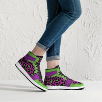 New Purple /Neon Green Leopard High-Top Faux Leather Sneakers /Unisex /- Black