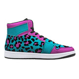 Teal-Pink Leopard Print  High-Top Faux Leather Sneakers /Unisex /- Black