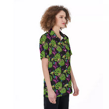Neon Sign Style Hawaiian & Flamingo Print / All-over Print Women's Blouse