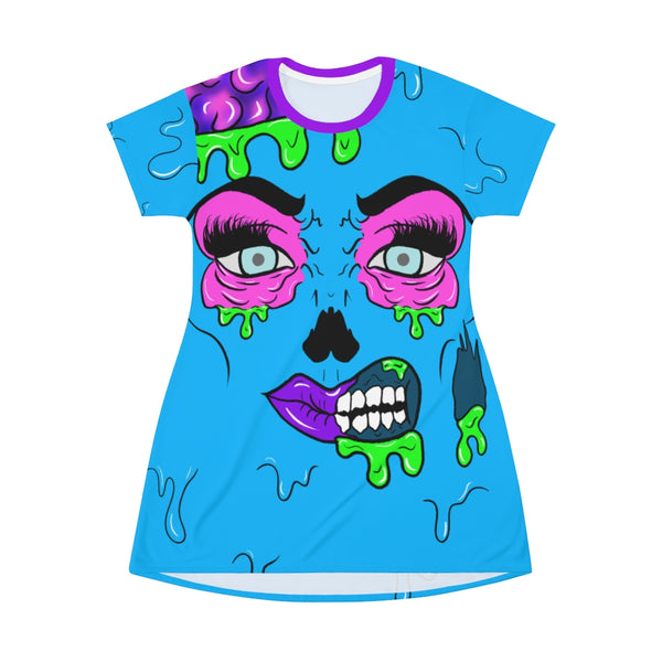 Teal Zombie Pop Art All Over Print T-Shirt Dress