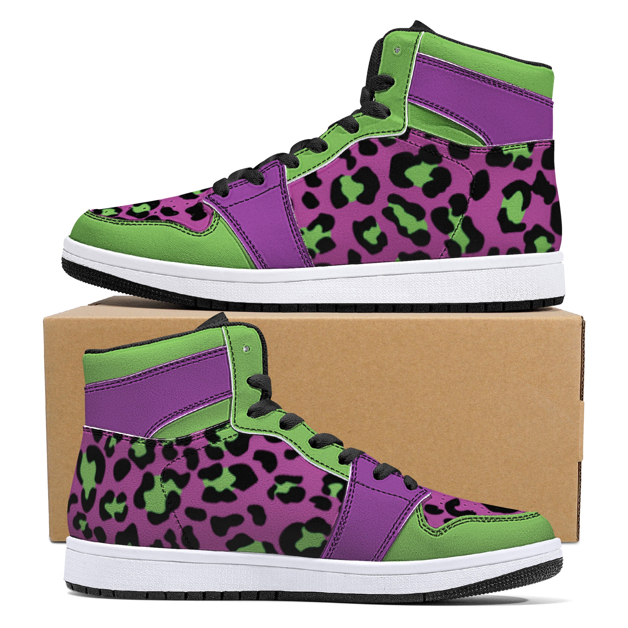 New Purple /Neon Green Leopard High-Top Faux Leather Sneakers /Unisex /- Black