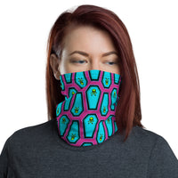 Coffin and Skull Face Mask Neck Gaiter Pink and Teal