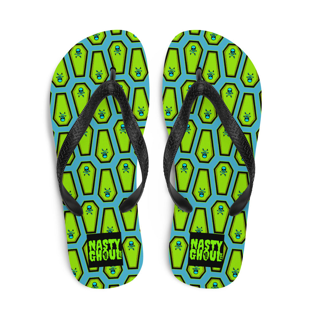 Coffin and Skull Flip-Flops All Over Print / Teal & Neon Green