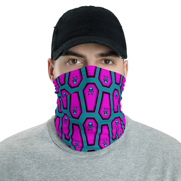 Coffin and Skull Face Mask Neck Gaiter Aqua and Hot Pink