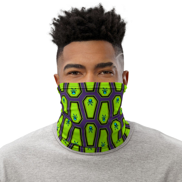 Coffin and Skull Face Mask Neck Gaiter Purple and Neon Green
