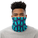 Coffin and Skull Face Mask Neck Gaiter Purple and Teal