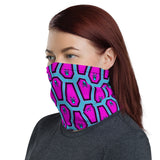 Coffin and Skull Face Mask Neck Gaiter Teal and Hot Pink