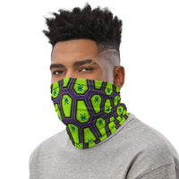 Coffin and Skull Face Mask Neck Gaiter Purple and Neon Green