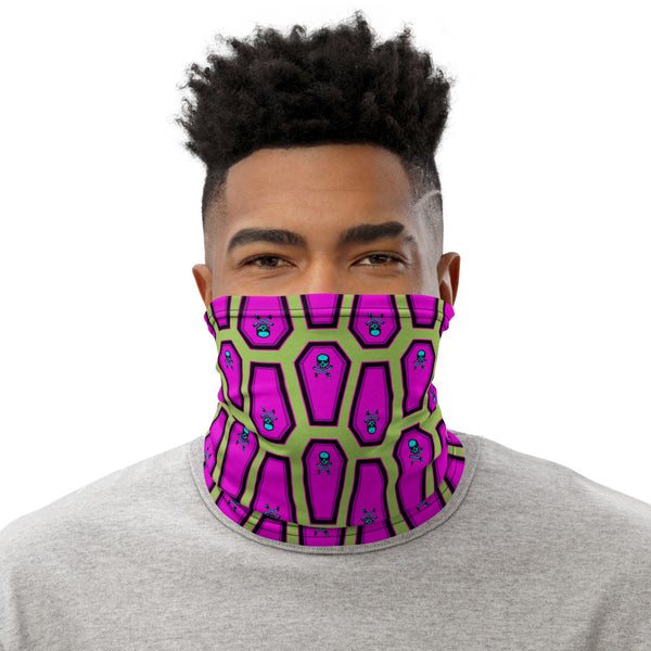 Coffin and Skull Face Mask Neck Gaiter Green and Hot Pink