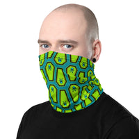 Coffin and Skull Face Mask Neck Gaiter Aqua Green and Neon Green