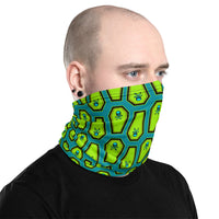 Coffin and Skull Face Mask Neck Gaiter Aqua Green and Neon Green