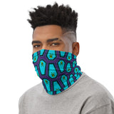 Coffin and Skull Face Mask Neck Gaiter Purple and Teal