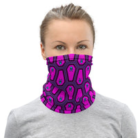 Coffin and Skull Face Mask Neck Gaiter Purple and Hot Pink