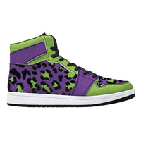 Purple-Neon Green High-Top Faux Leather Sneakers /Unisex /- Black