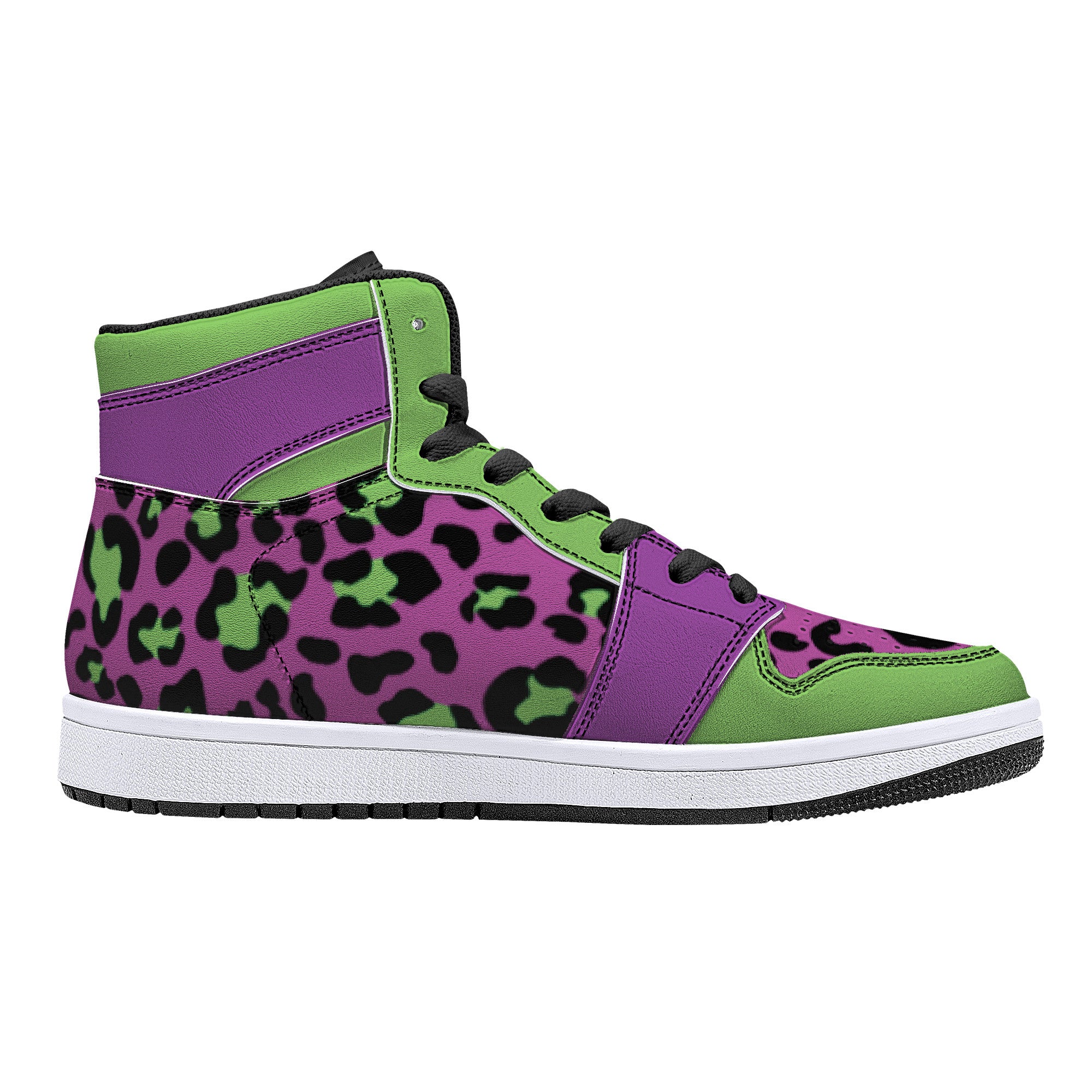 New Purple /Neon Green Leopard High-Top Faux Leather Sneakers /Unisex /- Black